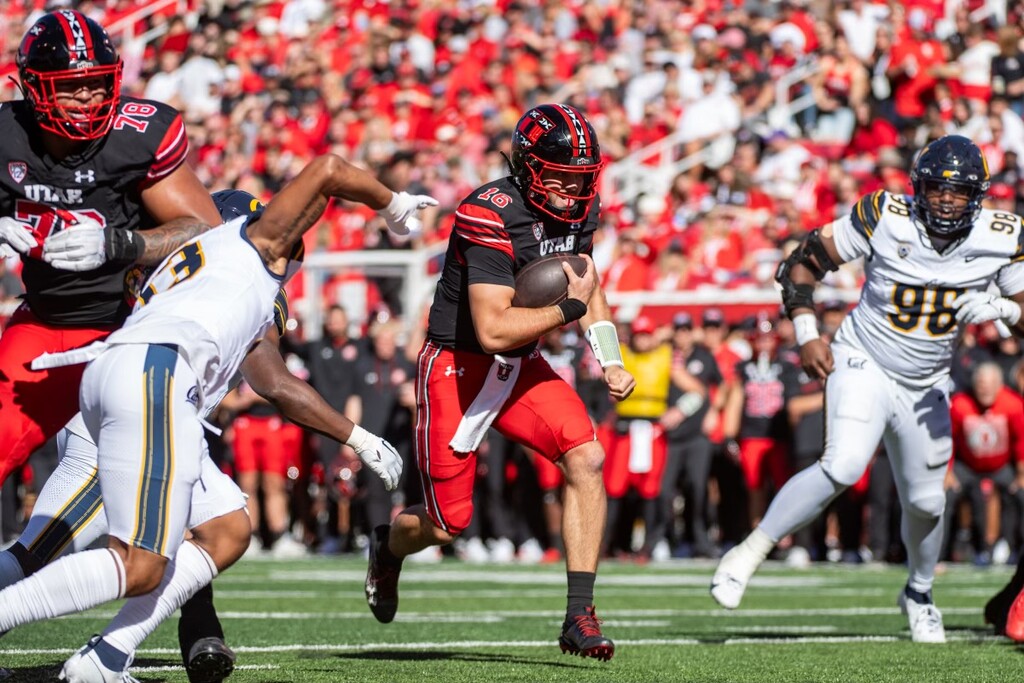 (James Roh | Special to The Tribune) Utah Utes quarterback Bryson Barnes (16) runs for a touchdown against California Golden Bears during the second half at Rice-Eccles Stadium in Salt Lake City on Saturday.