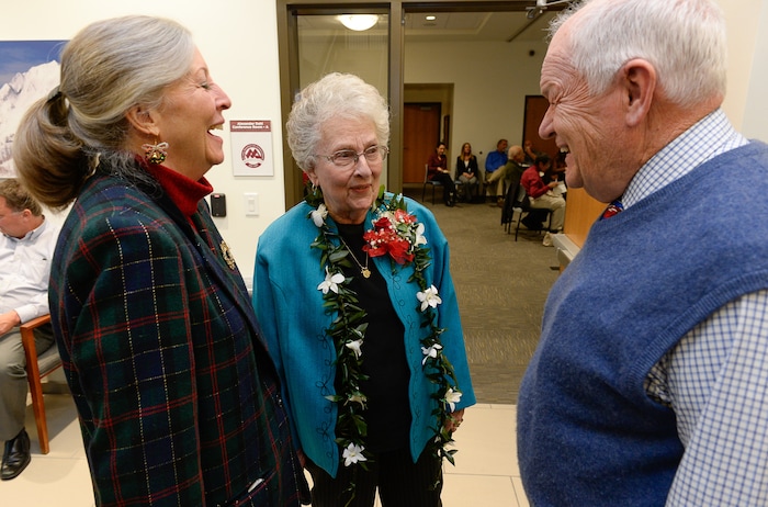 (Francisco Kjolseth  |  The Salt Lake Tribune)  As Midvale Mayor JoAnn Seghini, center, heads into her retirement the city hosts a reception in her honor at Midvale City Hall on Thursday, Dec. 14, 2017, as she speaks with Mayor elect Robert Hale and his wife Susan. 