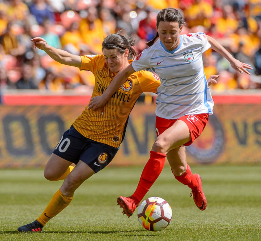 (Trent Nelson | The Salt Lake Tribune)  Utah Royals FC hosts the Chicago Red Stars, at Rio Tinto Stadium in Sandy, Saturday April 14, 2018. Utah Royals FC midfielder Diana Matheson (10) and Chicago Red Stars midfielder Taylor Comeau (7).