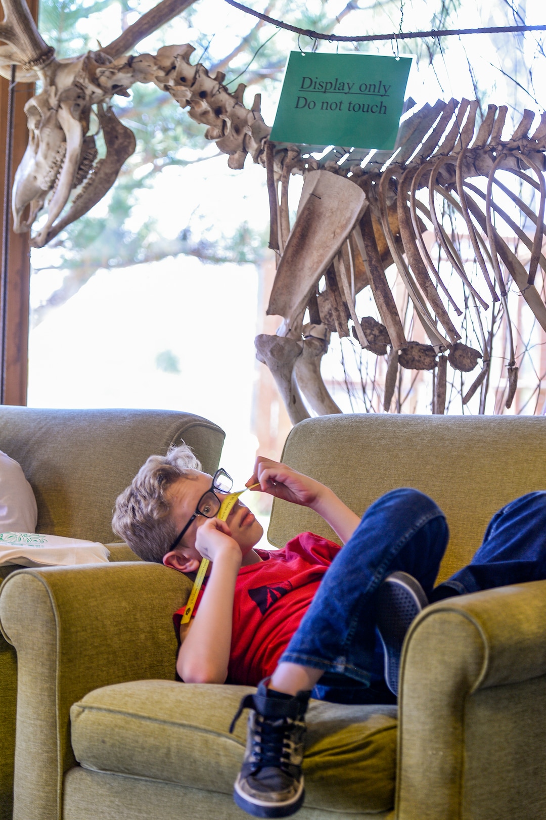 Leah Hogsten  |  The Salt Lake Tribune  Jacob Flores, 11, relaxes in the education center as his sister gets her face painted during Earth Day celebration at the Ogden Nature Center, Saturday, April 20, 2019. 