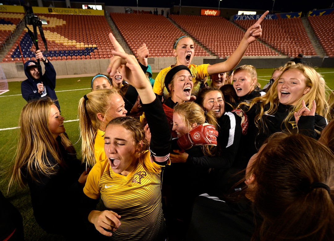 (Scott Sommerdorf   |  The Salt Lake Tribune)   Maple Mountain celebrates after they won the shootout period after double overtime to win the 5A championship game over Timpanogos, Friday, October 20, 2017. 