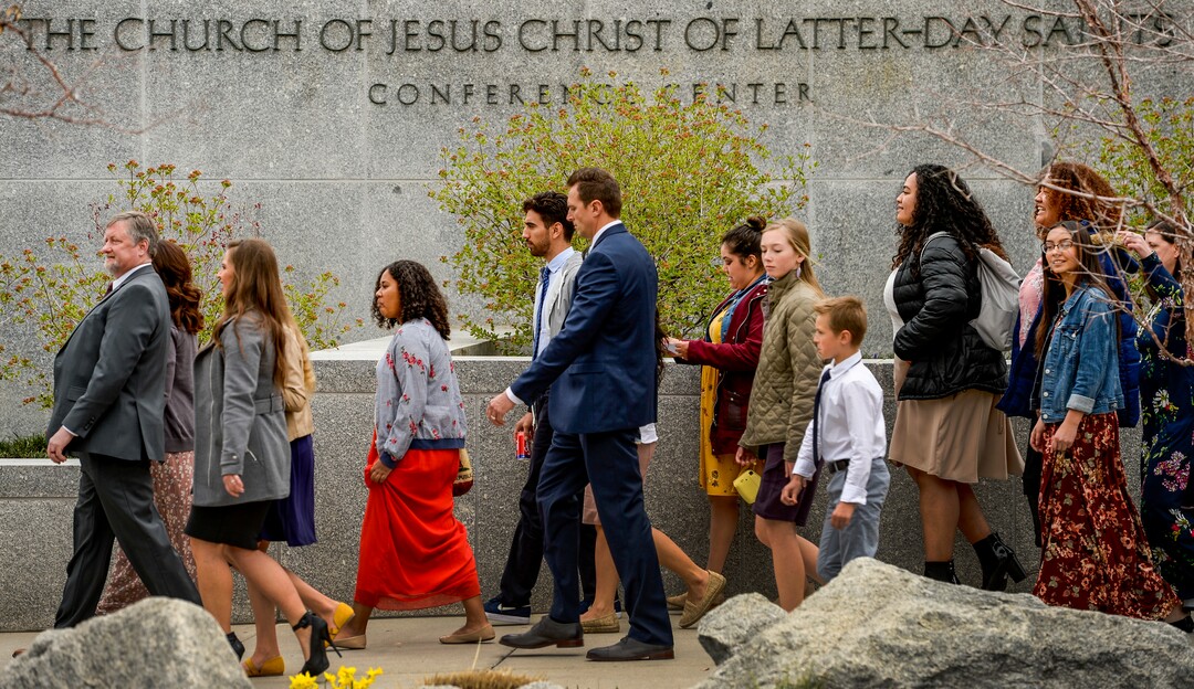 Leah Hogsten  |  The Salt Lake Tribune  Church members file into the afternoon session of the 189th Annual General Conference of The Church of Jesus Christ of Latter-day Saints, April 6, 2019 in Salt Lake City. 