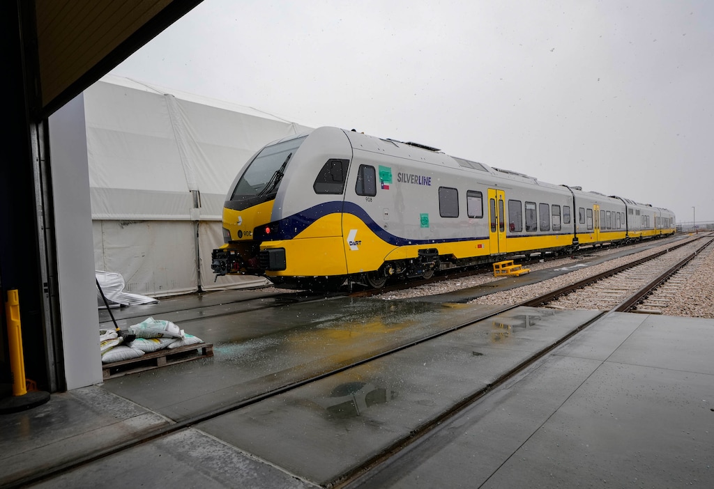 (Francisco Kjolseth | The Salt Lake Tribune) A diesel-powered train bound for the Dallas area nears shipment at Stadler Rail's plant in Salt Lake City on Friday, Jan. 5, 2024. The diesel train's engine compartment is designed so it can be converted to a battery-powered system in the future. Stadler is building a battery-powered version of this train in a project with Utah State University's ASPIRE center to demonstrate that it's possible to run a commuter rail line on batteries.