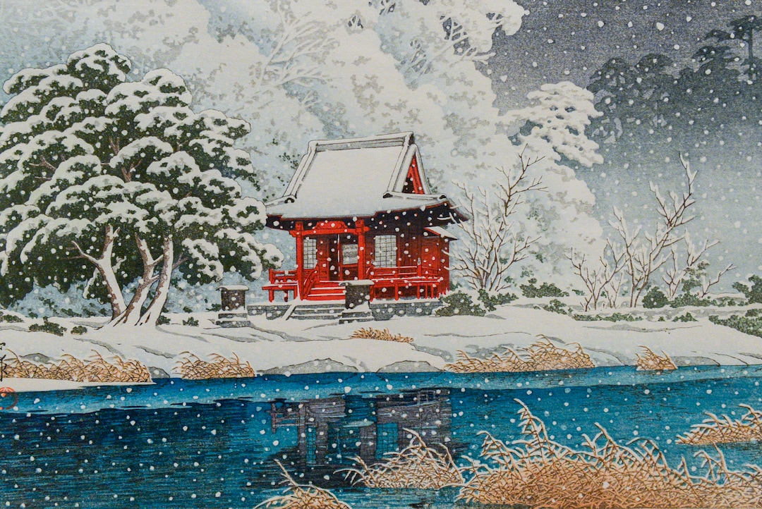 (Leah Hogsten  |  The Salt Lake Tribune) Snow around a Shrine, 1929, woodblock print; ink and color on paper by Kawase Hasui.  The Utah Museum of Fine Arts exhibit Seven Masters: 20th-Century Japanese Woodblock Prints, from the Minneapolis Institute of Art features the work of seven woodblock print artists who created a new art form, shin hanga.