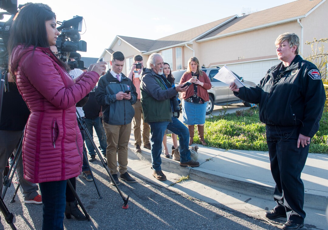 (Rick Egan  |  The Salt Lake Tribune)     West Valley City Police Chief Colleen Jacobs, reads a statement about an officer involved  shooting, in which the suspect was killed, in West Valley City, Sunday, April 8, 2018.