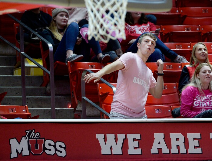 Scott Sommerdorf | The Salt Lake TribuneThe MUSS leader dances during a time out as fans watch Utah fall to Oregon State 69-58, Friday, January 26, 2018.