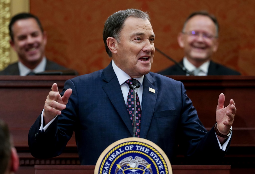 Utah Gov. Gary Herbert delivers his State of the State address at the Utah State Capitol, Wednesday, Jan. 30, 2019, in Salt Lake City. Behind Herbert are Speaker of the House Brad Wilson, left, R-Kaysville, and Senate President Stuart Adams, R-Layton. (Spenser Heaps/The Deseret News via AP, Pool)