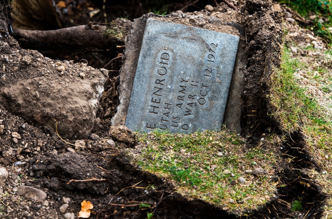 (Rick Egan  |  The Salt Lake Tribune)    Hundreds of headstones in the Salt Lake City Cemetery were damages in the recent wind storm, Friday, Sept. 18, 2020.