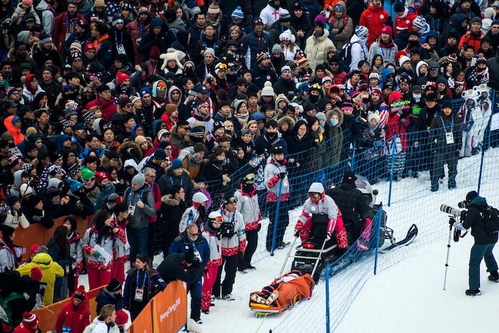 (Chris Detrick  |  The Salt Lake Tribune)  Japan's Yuto Totsuka is taken away on a stretcher after crashing in the men's halfpipe finals at Phoenix Snow Park during the Pyeongchang 2018 Winter Olympics Wednesday, Feb. 14, 2018.  