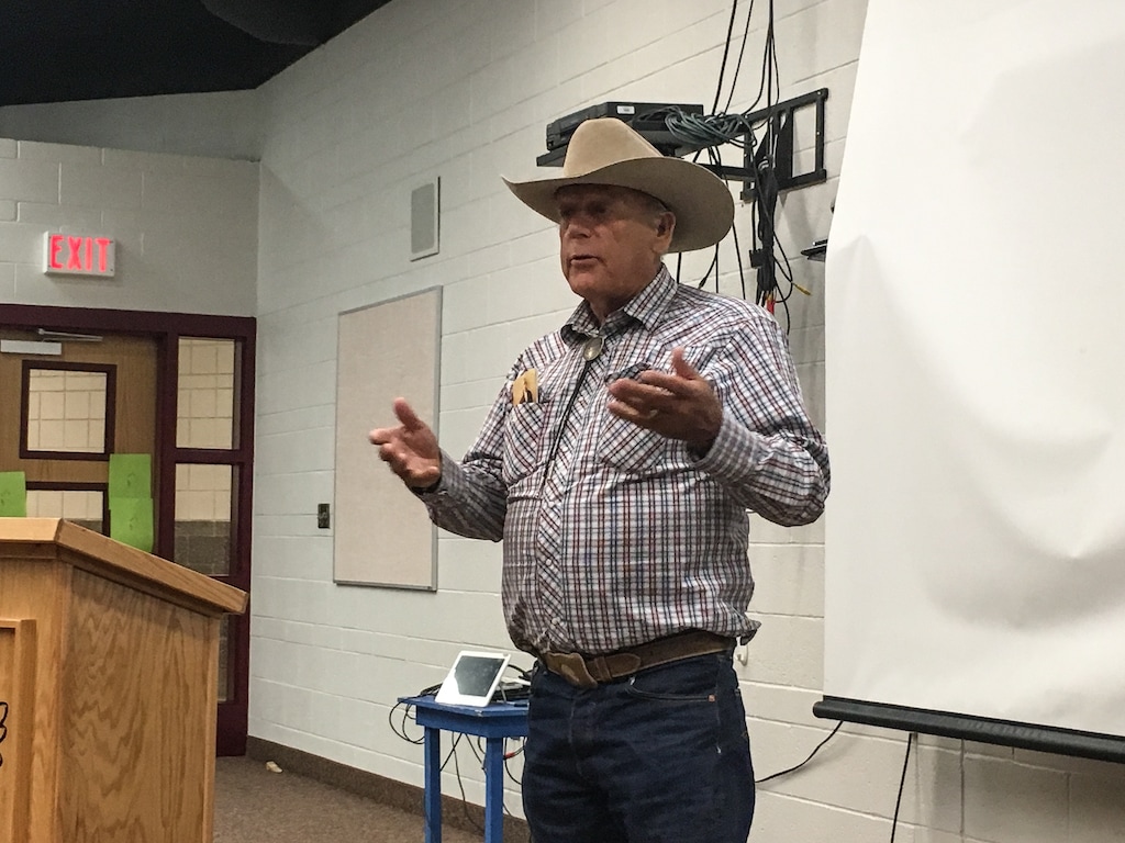 (Erin Alberty |The Salt Lake Tribune) Nevada rancher Cliven Bundy speaks at the Independent American Party convention on June 8, 2019, at Juab High School in Nephi.