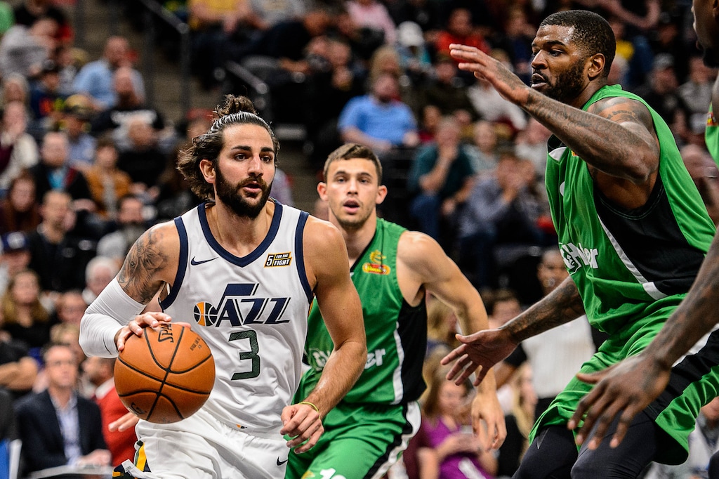 (Trent Nelson | The Salt Lake Tribune)  Utah Jazz guard Ricky Rubio (3) with the ball as the Utah Jazz host Maccabi Haifa, preseason NBA basketball at Vivint Smart Home Arena in Salt Lake City Wednesday October 4, 2017.