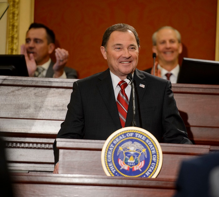 (Steve Griffin  |  The Salt Lake Tribune) Gov. Gary Herbert smiles as he gives his State of the State address in the Utah House of Representatives in Salt Lake City Wednesday January 24, 2018.