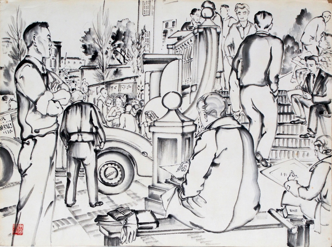 (Chiura Obata  |  courtesy Utah Museum of Fine Arts) "Untitled (UC Berkeley Students)," an ink-on-paper work, circa 1930s, by Japanese-American artist Chiura Obata. Obata's work will be shown in a major touring retrospective, May 25-Sept. 8 at the Utah Museum of Fine Arts.