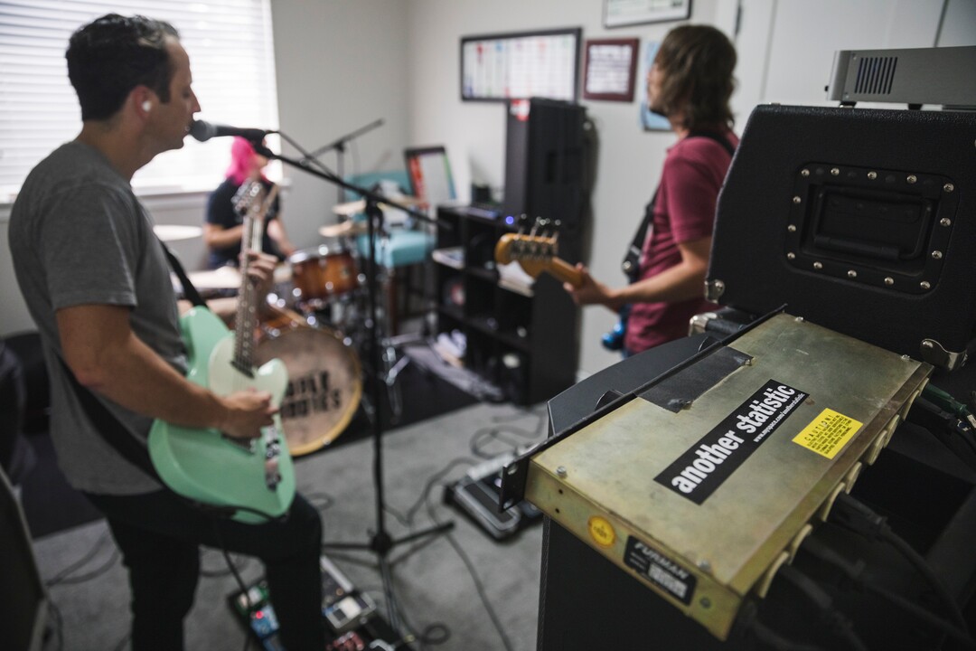 (Clark Clifford  |  For The Salt Lake Tribune) Bryce Taylor, Elaine Bradley, and Chris Bennett of Noble Bodies practice for an upcoming show in the band's rehearsal space in Orem on Saturday, Aug. 3, 2019.