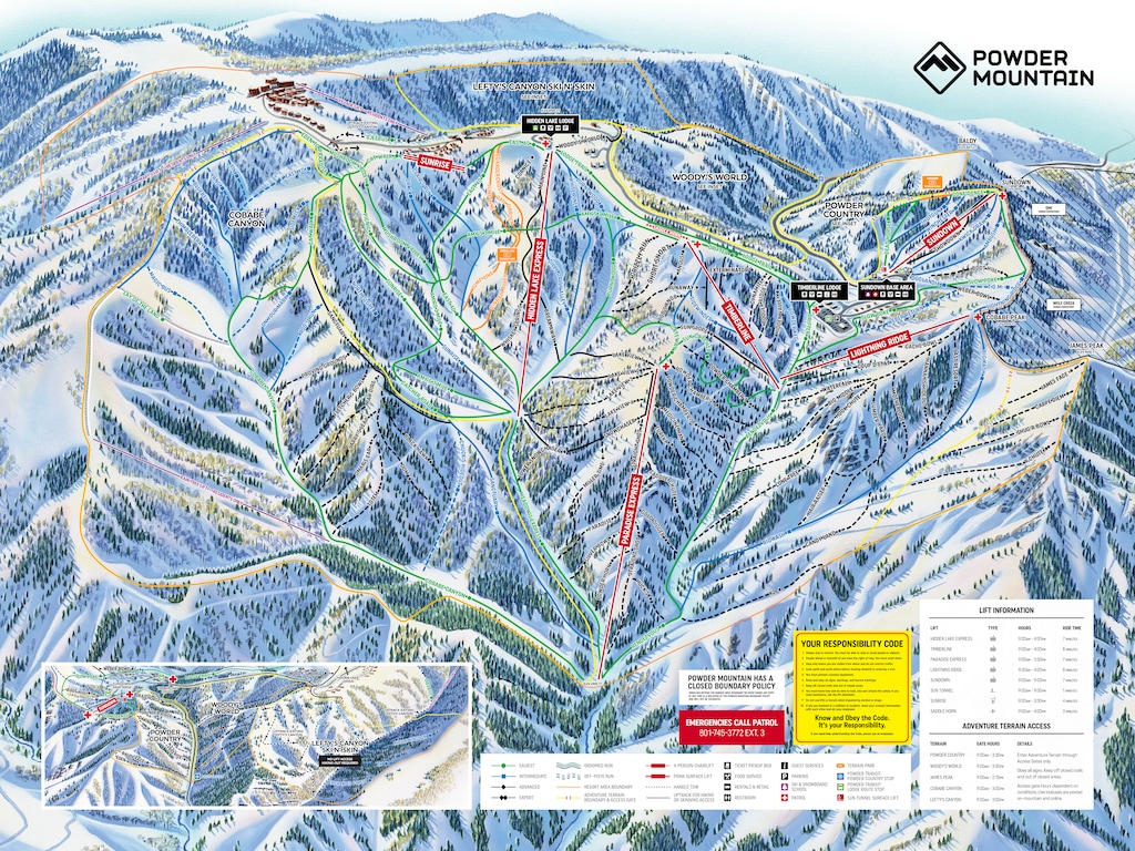 (Powder Mountain) The Powder Mountain ski map for the 2024-25 season shows both public and private lifts.