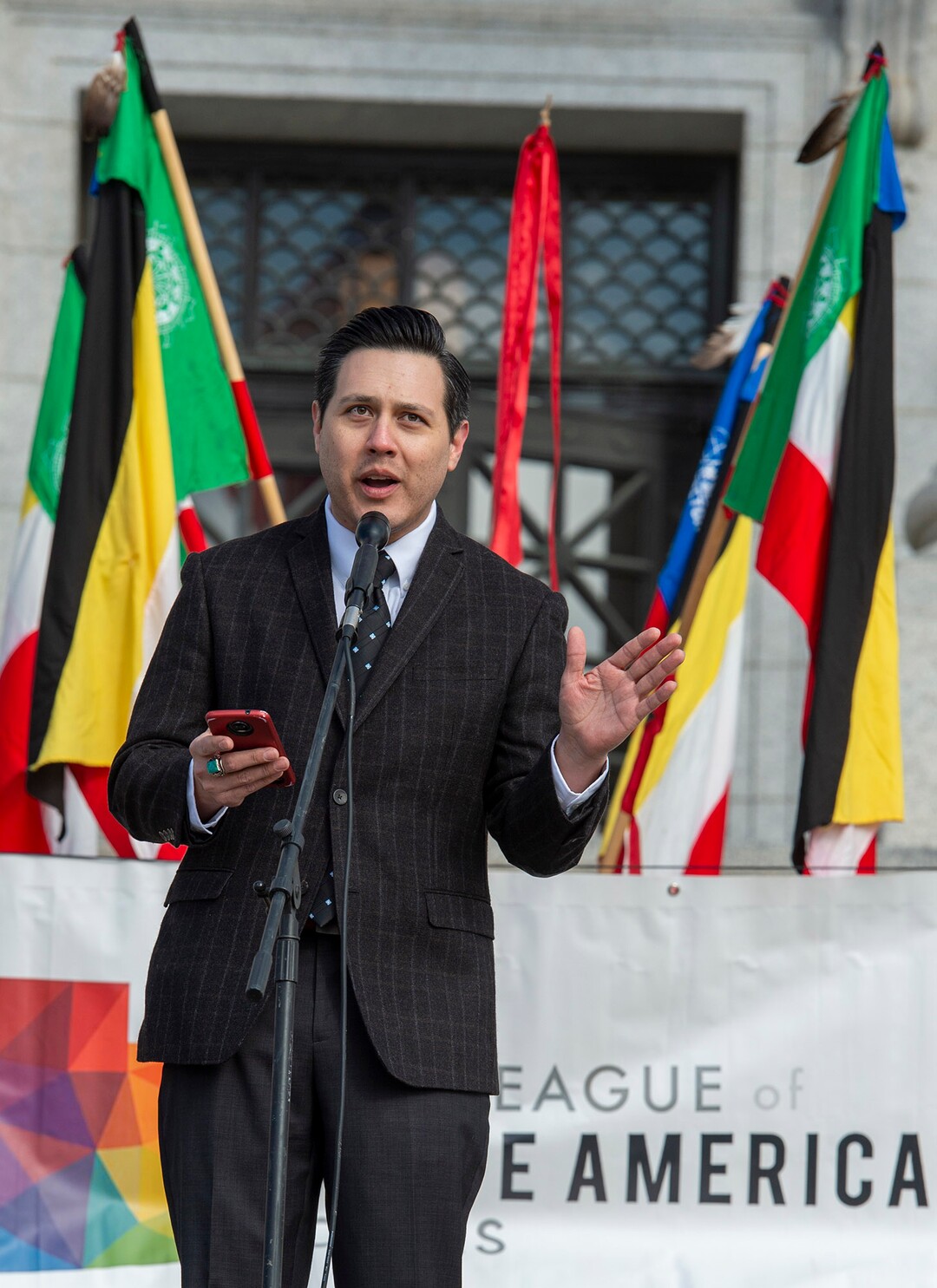 (Rick Egan  |  The Salt Lake Tribune)     James Singer says a few words as Native Americans and their supporters gather on the steps of the Utah State Capitol for a rally to oppose a resolution that would discourage the removal of Native American names or symbols from school mascots, Saturday, Jan. 25, 2020.