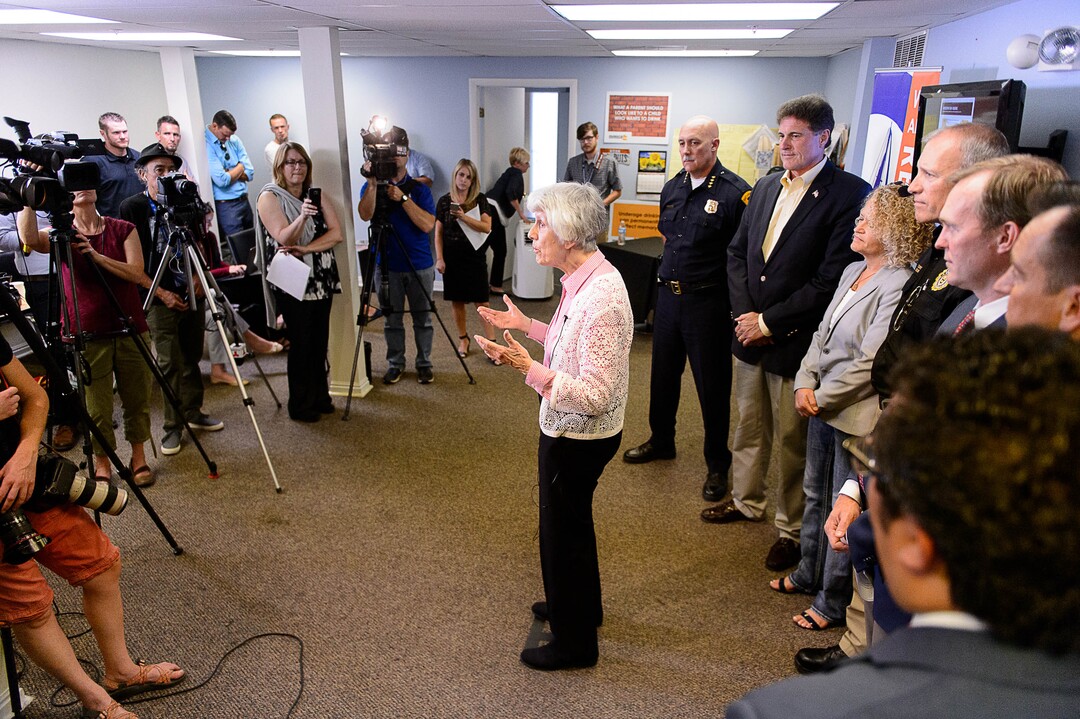 (Trent Nelson | The Salt Lake Tribune)  Homeless advocate Pamela Atkinson speaks at a news conference on Operation Rio Grande, at Odyssey House in Salt Lake City, Tuesday August 22, 2017.  At right are Salt Lake Police Chief Mike Brown, Rep. Jim Dunnigan, R-Taylorsville, Salt Lake City Mayor Jackie Biskupski, Commissioner of the Utah Department of Public Safety Keith Squires, Salt Lake County Mayor Ben McAdams and House Speaker Greg Hughes.
