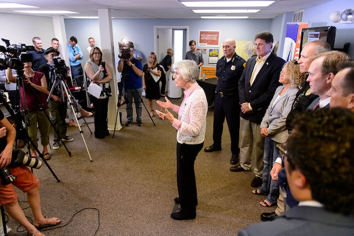(Trent Nelson | The Salt Lake Tribune) Homeless advocate Pamela Atkinson speaks at a news conference on Operation Rio Grande, at Odyssey House in Salt Lake City, Tuesday August 22, 2017. At right are Salt Lake Police Chief Mike Brown, Rep. Jim Dunnigan, R-Taylorsville, Salt Lake City Mayor Jackie Biskupski, Commissioner of the Utah Department of Public Safety Keith Squires, Salt Lake County Mayor Ben McAdams and House Speaker Greg Hughes.
