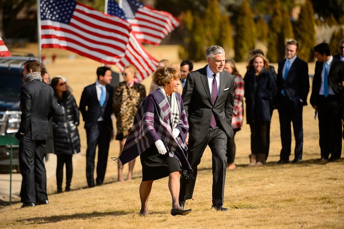 (Trent Nelson | The Salt Lake Tribune)  Jon Huntsman Jr. and Karen Huntsman at the graveside service for Jon Huntsman Sr. at Wasatch Lawn Memorial Park & Mortuary in Salt Lake City, Saturday February 10, 2018.