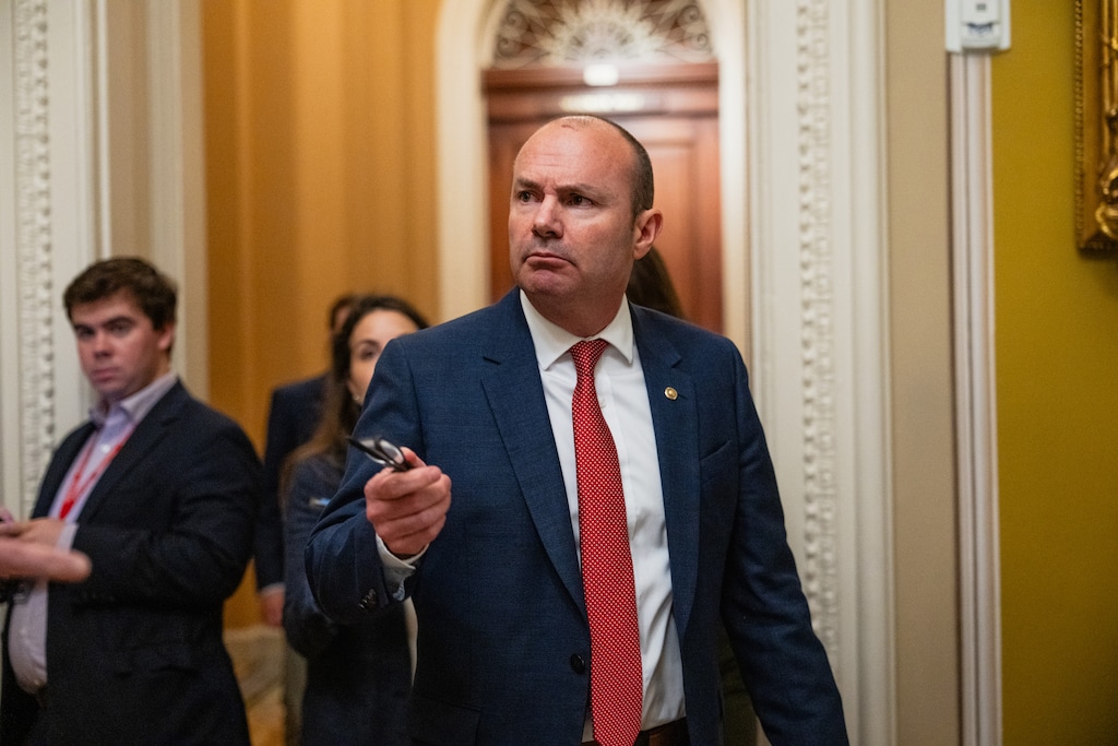 (Eric Lee | The New York Times) Sen. Mike Lee, R-Utah, talks with reporters at the U.S. Capitol in Washington, June 17, 2025.