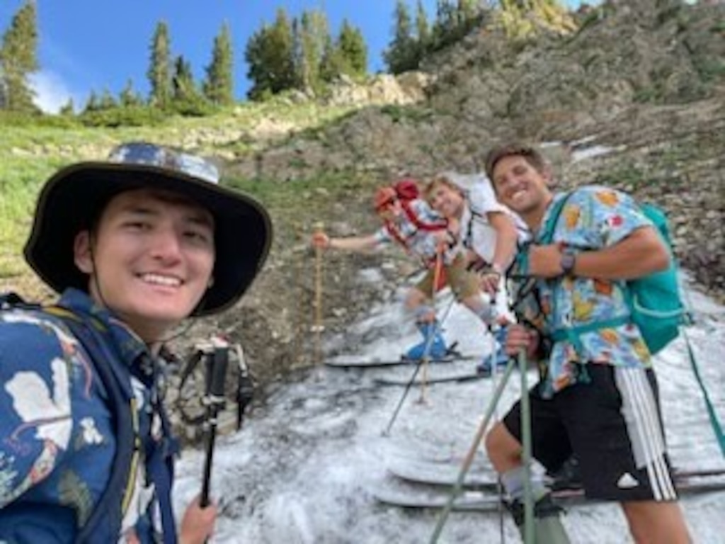 (Adam Meadows)
Four friends from BYU, from bottom Alex Jenks, Adam Meadows, Ethan Madsen and Tanner Madsen, found a patch of snow to ski on at Alta Ski Area on Saturday, July 29, 2023. New and experienced summer skiers and boarders have been taking advantage of remaining snow from last winter's record snowfall.