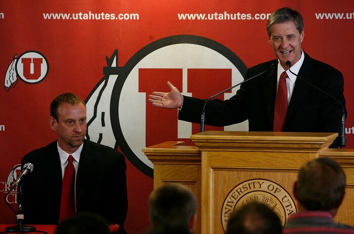 (Scott Sommerdorf  |  Tribune File Photo)  Direcotor of Athletics, Dr. Chris Hill introduces the new mens basketball coach at the University of Utah - Larry Krystkowiak - at a press conference held at the University, Monday, April 4, 2011.