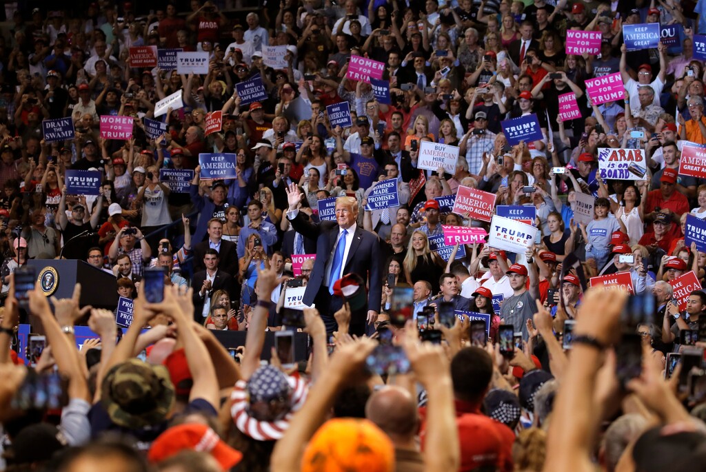 (Carolyn Kaster | The Associated Press) President Donald Trump arrives at a rally, Thursday, Aug. 2, 2018, at Mohegan Sun Arena at Casey Plaza in Wilkes Barre, Pa.