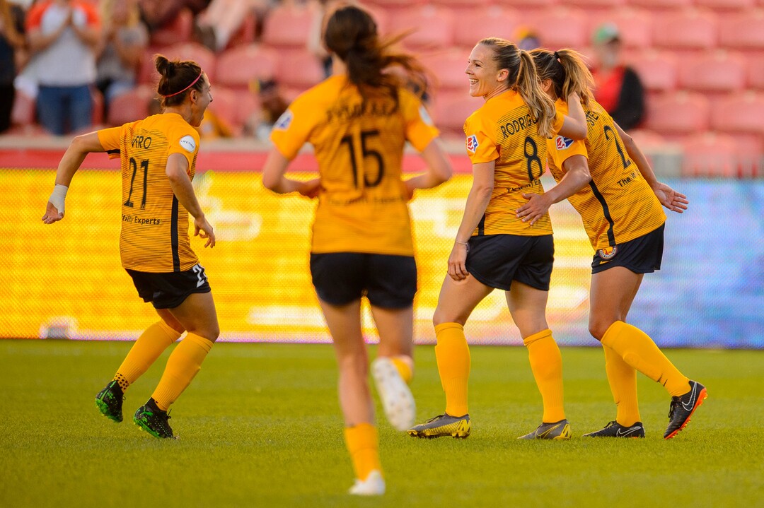(Trent Nelson  |  The Salt Lake Tribune)  Utah Royals FC forward Amy Rodriguez (8) celebrates her first half goal as Utah Royals FC hosts Sky Blue FC at Rio Tinto Stadium in Sandy on Saturday June 15, 2019.