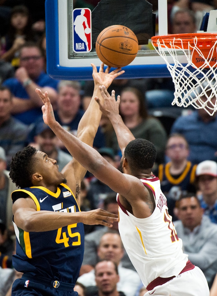 (Rick Egan  |  The Salt Lake Tribune)  Utah Jazz guard Donovan Mitchell (45 scores as Cleveland Cavaliers guard Isaiah Thomas (3) defends, in NBA action Utah Jazz vs Cleveland Cavaliers, in Salt Lake City,  Saturday, December 30, 2017.


