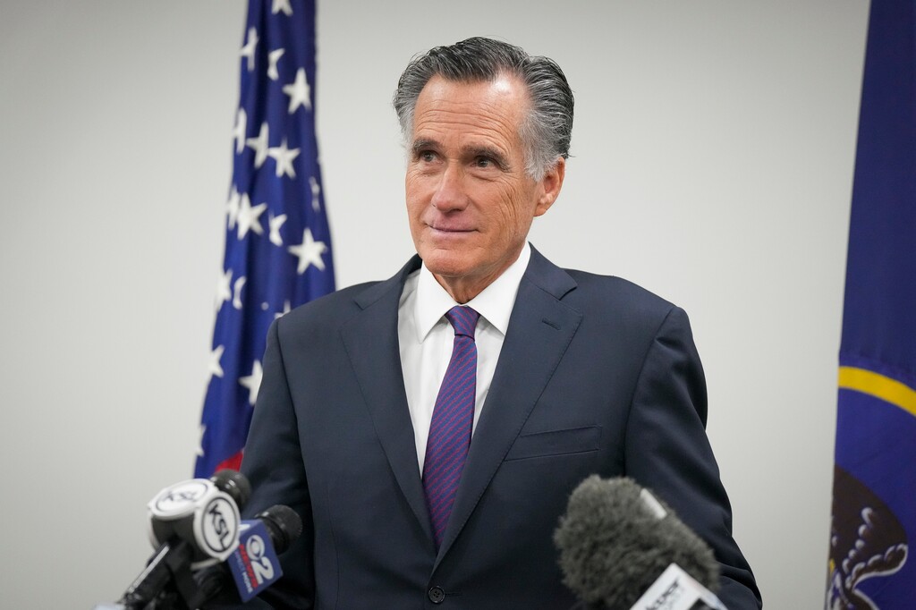 (Bethany Baker | The Salt Lake Tribune) Sen. Mitt Romney speaks during his farewell press conference at Wallace F. Bennett Federal Building in Salt Lake City on Friday, Dec. 13, 2024.