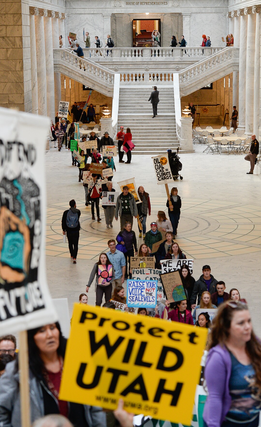 (Francisco Kjolseth  |  The Salt Lake Tribune)  Fridays For Future, Utah Youth Environmental Solutions, and partners strike in opposition to UtahÕs final oil and gas lease sale of 2019 that will auction off public lands and further fossil fuel development during a rally at the Utah Capitol on Friday, Dec. 6, 2019, that moved into the rotunda and concluded outside of Gov. Gary Herberts office.