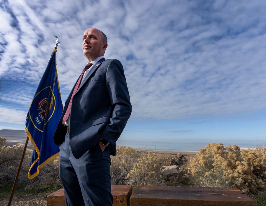 (Leah Hogsten | The Salt Lake Tribune) Gov. Spencer J. Cox and Lt. Gov. Deidre Henderson unveiled their budget recommendations and priorities for 2023 at the Antelope Island Visitor Center, Dec 7, 2021.   
