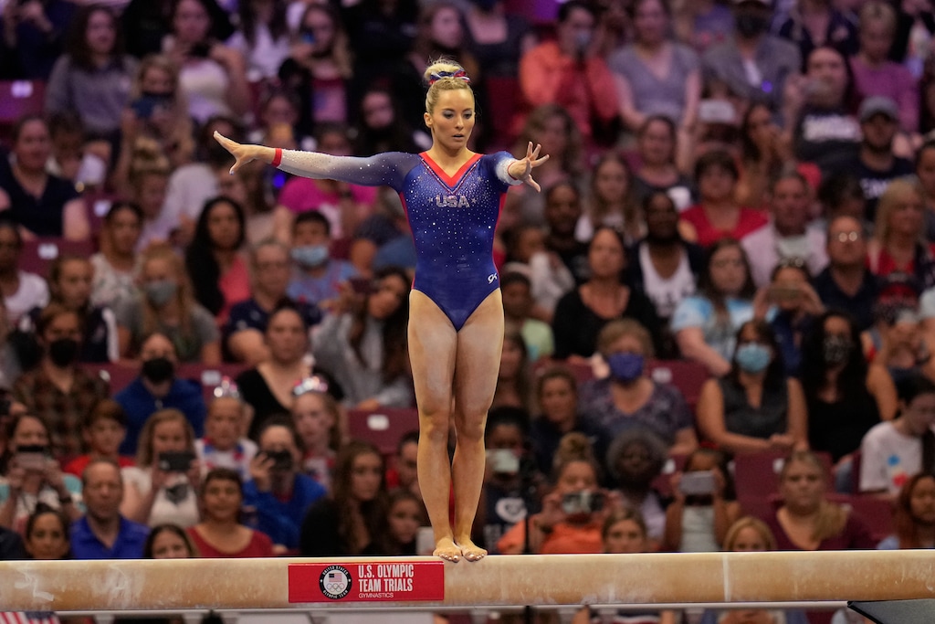 (Jeff Roberson | AP) MyKayla Skinner competes on the beam during the women's U.S. Olympic Gymnastics Trials Sunday, June 27, 2021, in St. Louis.