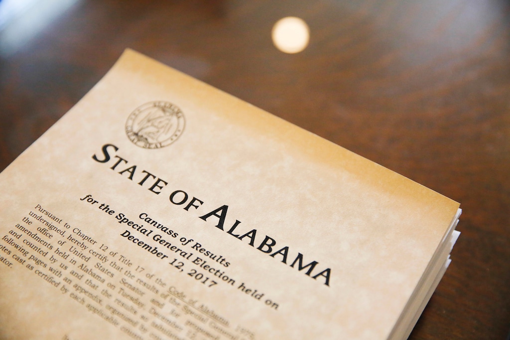 Documents to certify the 2017 Special Election for U.S. Senator sit on a table, Thursday, Dec. 28, 2017, in Montgomery, Ala. Democrat Doug Jones' historic victory over Republican Roy Moore was declared official Thursday as Alabama election officials certified him the winner of the special Senate election earlier this month, despite claims of voter irregularities from his opponent. (AP Photo/Brynn Anderson)
