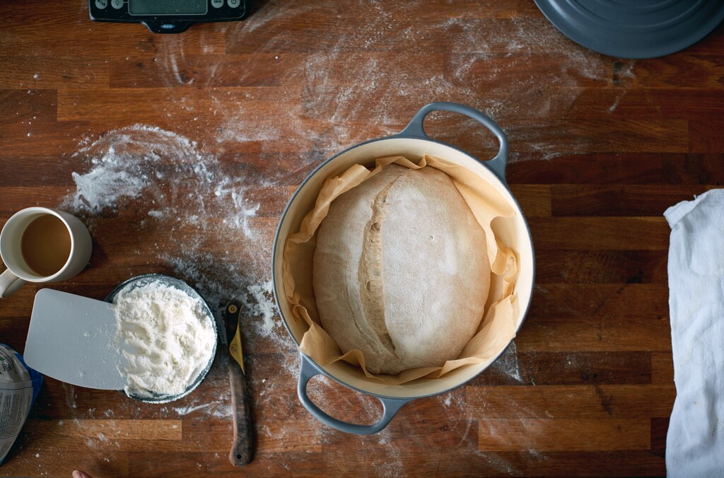 (Johnny Miller | The New York Times)   A loaf of sourdough bread in New York on Sept. 9, 2019. Food styled by Laurie Pellicano. Props styled by Sarah Smart.