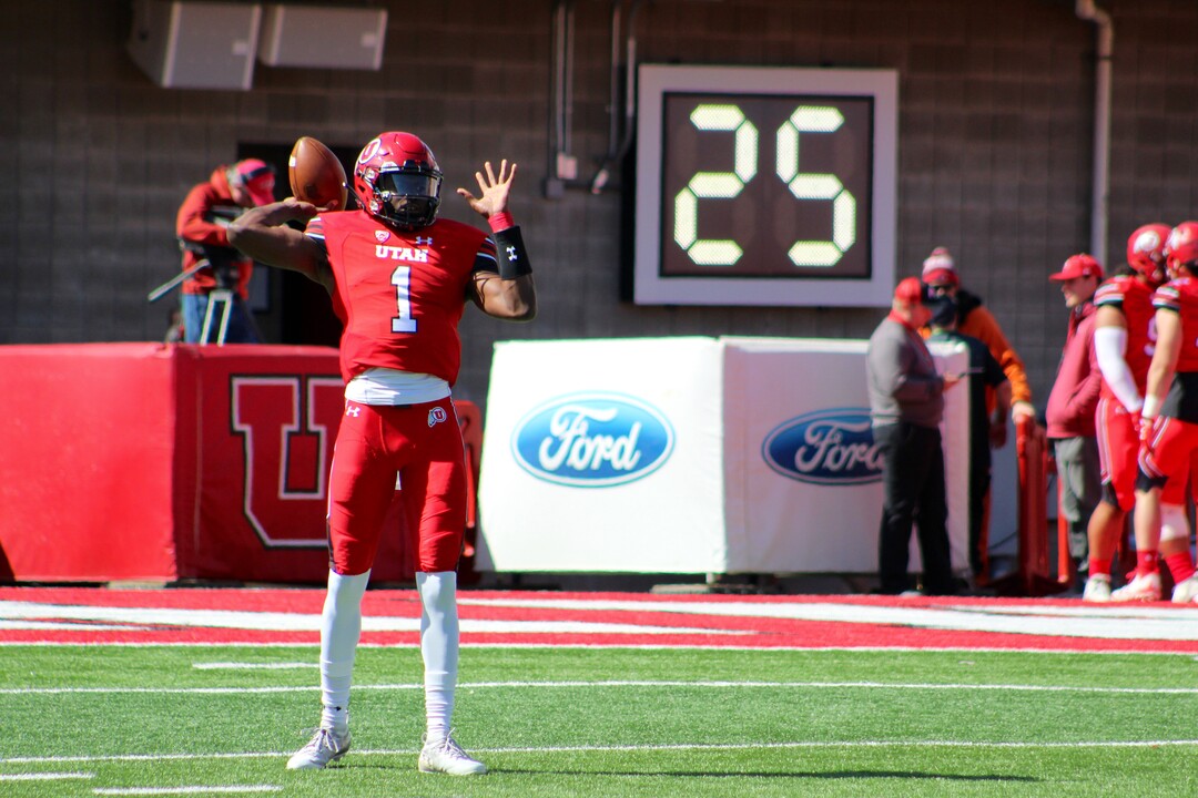 (Christopher Kamrani | The Salt Lake Tribune) Utah quarterback Tyler Huntley warms up prior to Utah's Red-White game Saturday afternoon at Rice-Eccles Stadium.