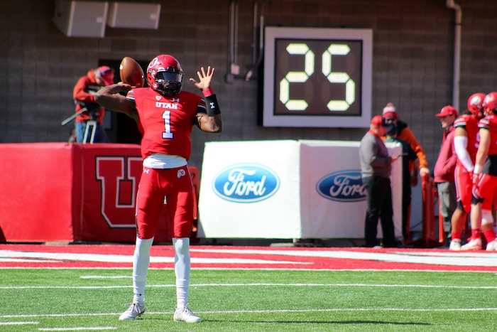(Christopher Kamrani | The Salt Lake Tribune) Utah quarterback Tyler Huntley warms up prior to Utah's Red-White game Saturday afternoon at Rice-Eccles Stadium.