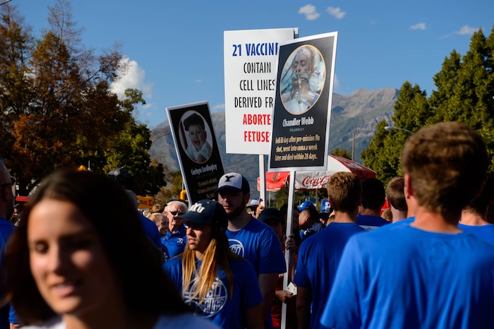 (Trent Nelson  |  The Salt Lake Tribune)  
Anti-vaccine signs in the new Cougar Canyon tailgate area, as Brigham Young University (BYU) hosts the University of Utah, NCAA football in Provo on Thursday Aug. 29, 2019.