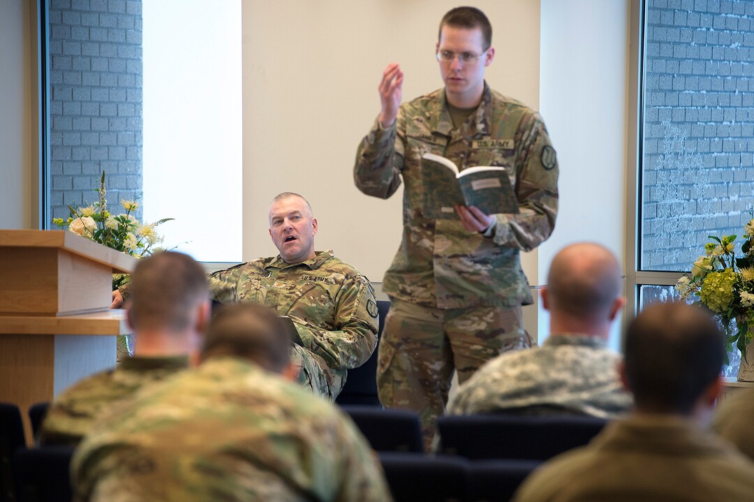 Scott Sommerdorf | The Salt Lake TribuneSergeant Thomas James leads servicemen as they sing during an LDS service at the Camp Williams chapel, Sunday, March 4, 2018.