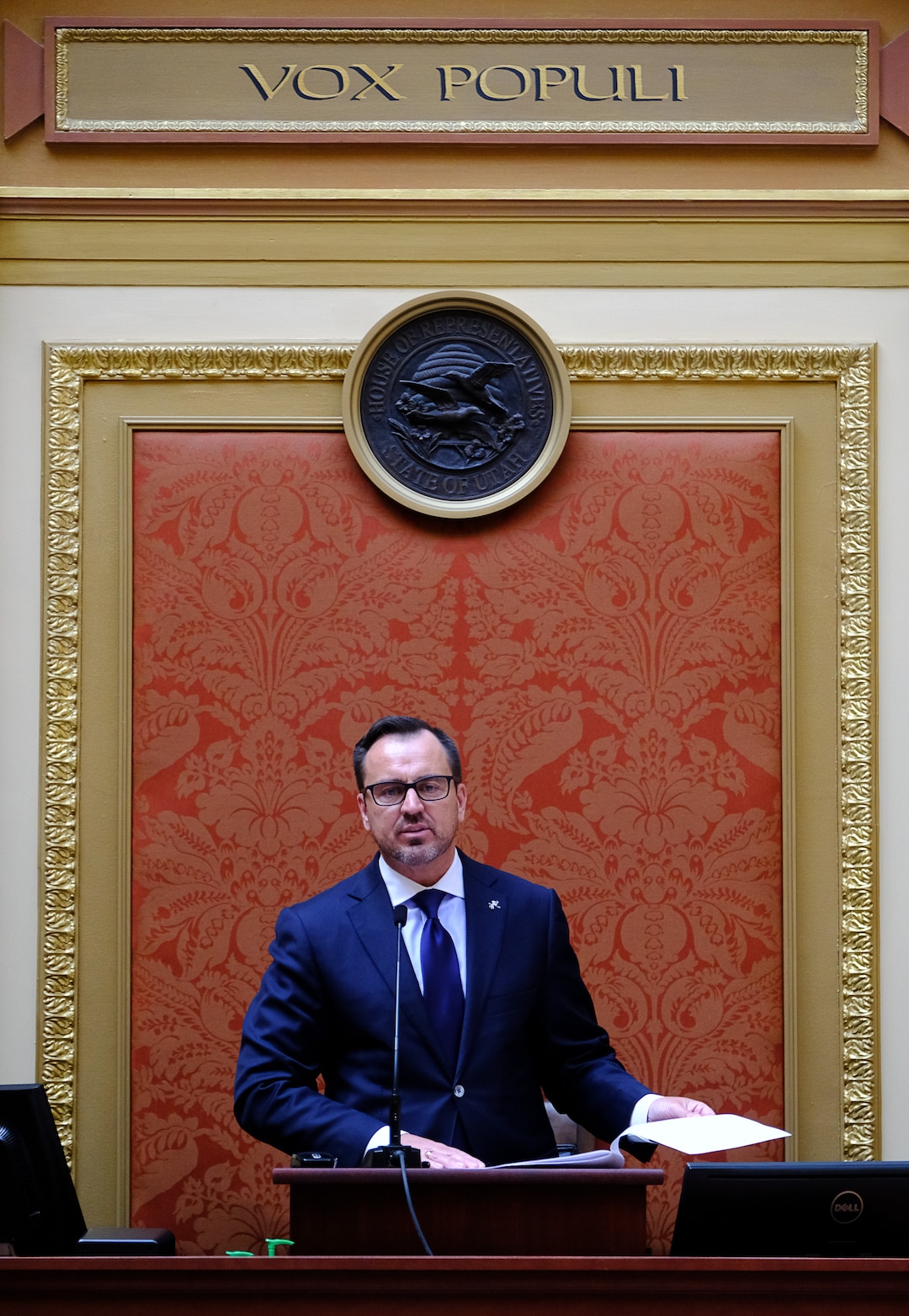 (Francisco Kjolseth  |  The Salt Lake Tribune)  House speaker Greg Hughes calls to order a special session to override Gov. Gary Herbert's vetoes of two bills. The issues at hand are both balance-of-power matters. One would allow the legislature to use its own attorneys to intervene in any court challenge of state law instead of relying on the attorney general. The second would establish legal methods to force the attorney general to provide the Legislature with legal opinions when requested.