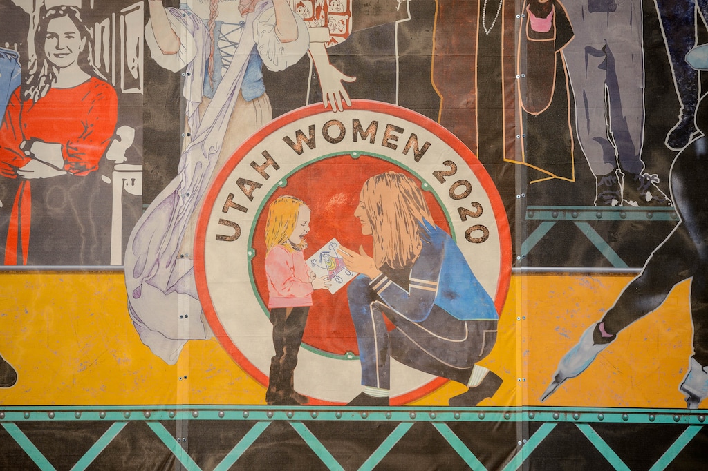 (Trent Nelson  |  The Salt Lake Tribune) A detail from the new "Utah Women 2020" Mural, featuring 268 Utah women from the past and present, on the Dinwoodey building in Salt Lake City on Wednesday, Aug. 26, 2020.