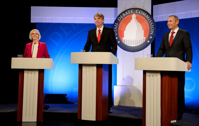 (Steve Griffin  |  The Salt Lake Tribune)  Democrat Kathie Allen, United Utah Party candidate Jim Bennett and Republican John Curtis participate in a debate hosted by the Utah Debate Commission at the KBYU Studios on the BYU campus in Provo Wednesday October 18, 2017. They are the three highest-polling candidates in the special election to fill UtahÕs vacant 3rd District congressional seat.