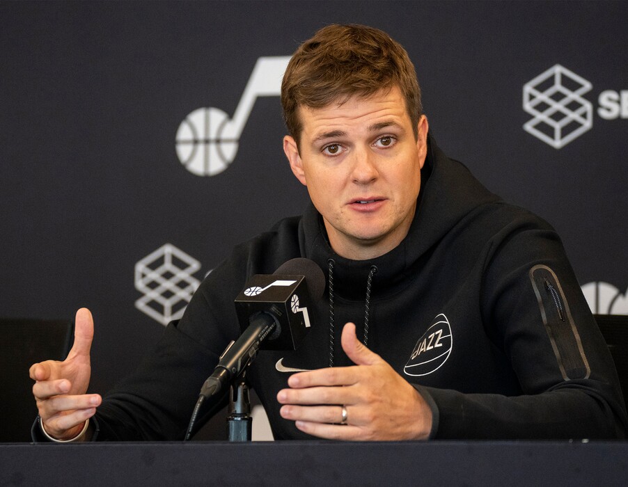 (Rick Egan | The Salt Lake Tribune)  Utah Jazz head coach Will Hardy discusses the upcoming season, during a news conference on Friday, Sept. 29, 2023.