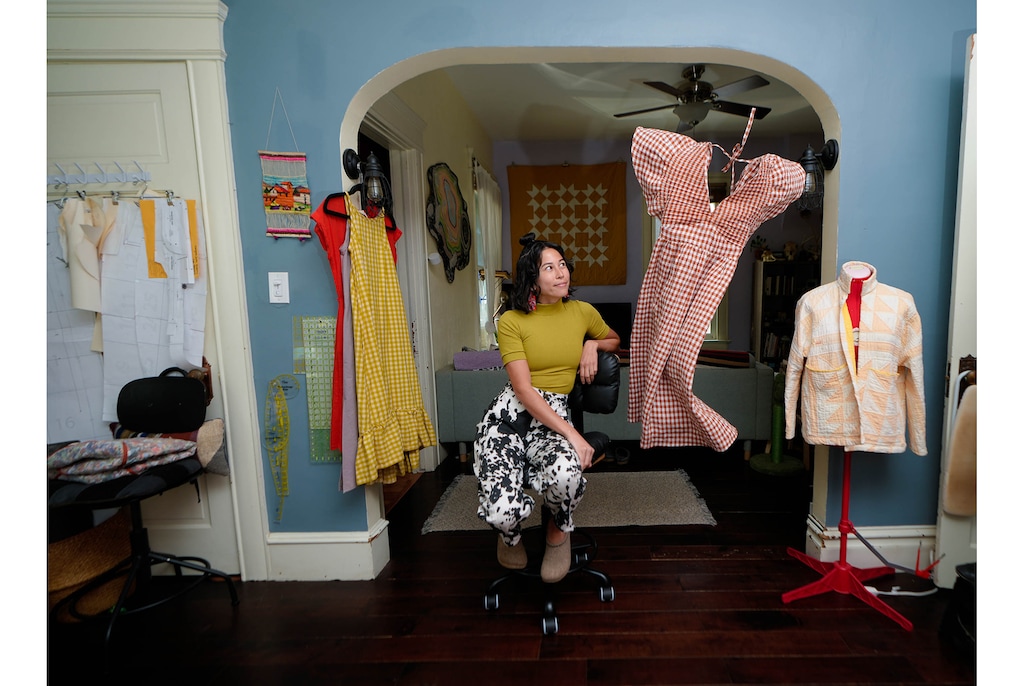 (Francisco Kjolseth | The Salt Lake Tribune) Utahn Leila Knoll, a veterinarian for Navajo Nation and a sewing influencer, poses for a portrait as she spends time in her home sewing studio in Salt Lake City on Wednesday, March 20, 2024. Knoll has gained a huge following by making her own clothes — she's also a climber and makes her own climbing gear.