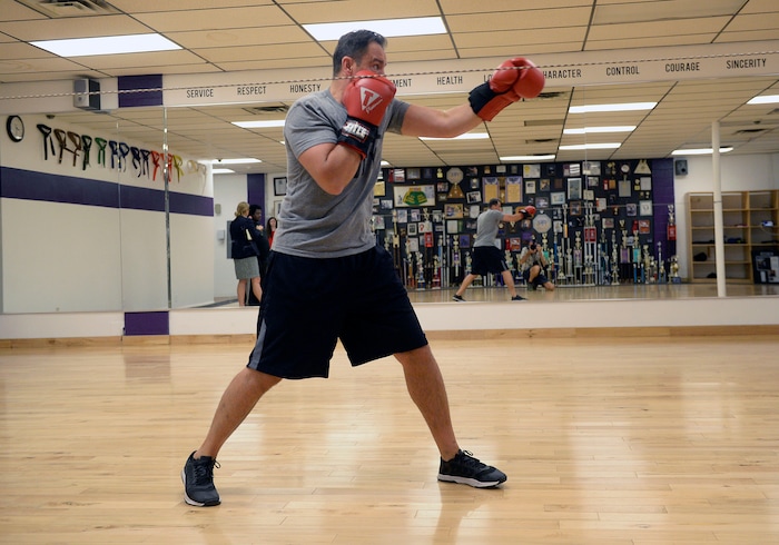 (Al Hartmann | The Salt Lake Tribune)
House Speaker Greg Hughes practices his boxing form at the Flash Academy gym in Holladay Tuesday August 29. He's among a handful of local politicians, police and lobbyists who will box in a series of charity matches to benefit a national group that works to end domestic violence.