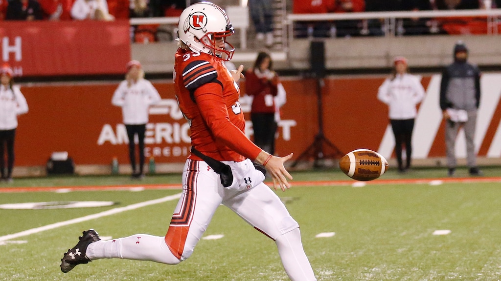 FILE - In this Nov. 11, 2017, photo, Utah's Mitch Wishnowsky punts in the second half during an NCAA college football game against Washington State, in Salt Lake City. Wishnowsky was selected to the AP All-Conference Pac-12 team announced Thursday, Dec. 7, 2017.  (AP Photo/Rick Bowmer, File)