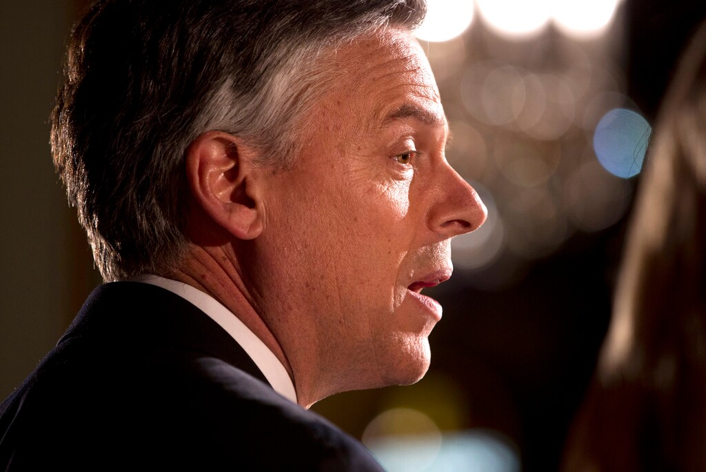 Republican presidential candidate, former Utah Gov. Jon Huntsman speaks at a primary election night rally Tuesday, Jan. 10, 2012, in Manchester, N.H.  (AP Photo/Evan Vucci)