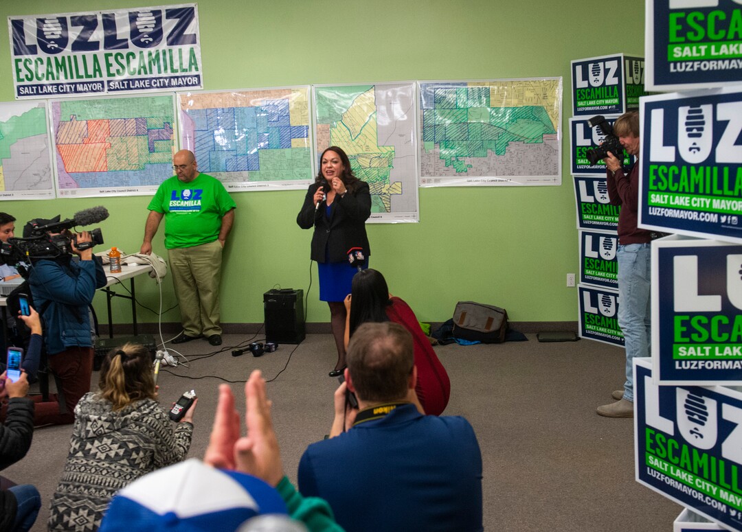 (Rick Egan  |  The Salt Lake Tribune)  Salt Lake City mayoral candidate Luz Escamilla thanks friends and supporters as she awaits the ballot results in the Salt Lake City Mayor's race, at her campaign headquarters, Tuesday, Nov. 5, 2019.