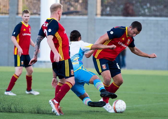 (Rick Egan  |  The Salt Lake Tribune)     Real Monarchs defender Kalen Ryden (52) tries to get the ball past Las Vegas Lights FC forward Isaác Díaz (8), in soccer action between the Real Monarchs and Las Vegas Lights FC at the new Zions Bank Stadium in, Herriman, Monday, April 30, 2018.


