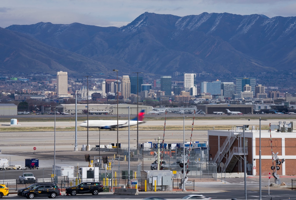 (Bethany Baker  |  The Salt Lake Tribune) An airplane travels down the runway at Salt Lake City International Airport in Salt Lake City on March 16, 2026.